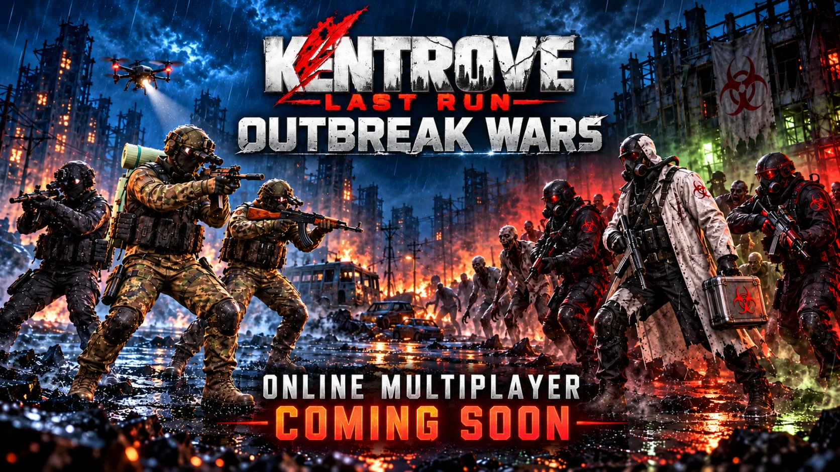 Outbreak Wars — online multiplayer, coming soon: a military squad on the left faces the masked Dr. Corrin, his armed operatives and zombies on the right
