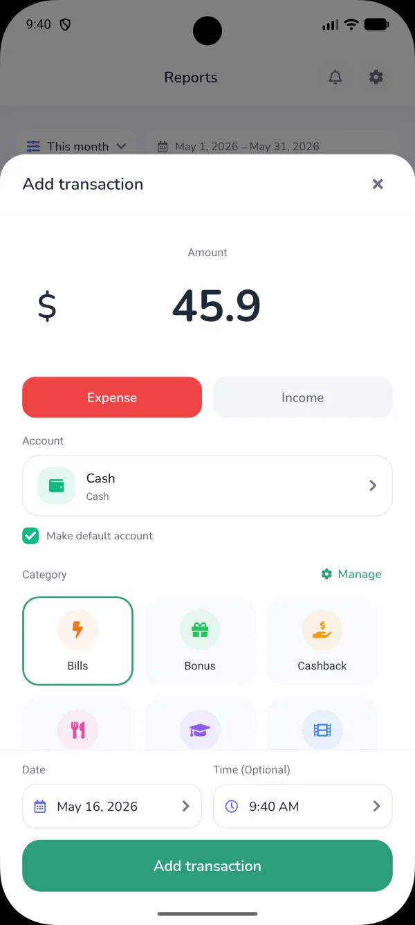 Add transaction screen