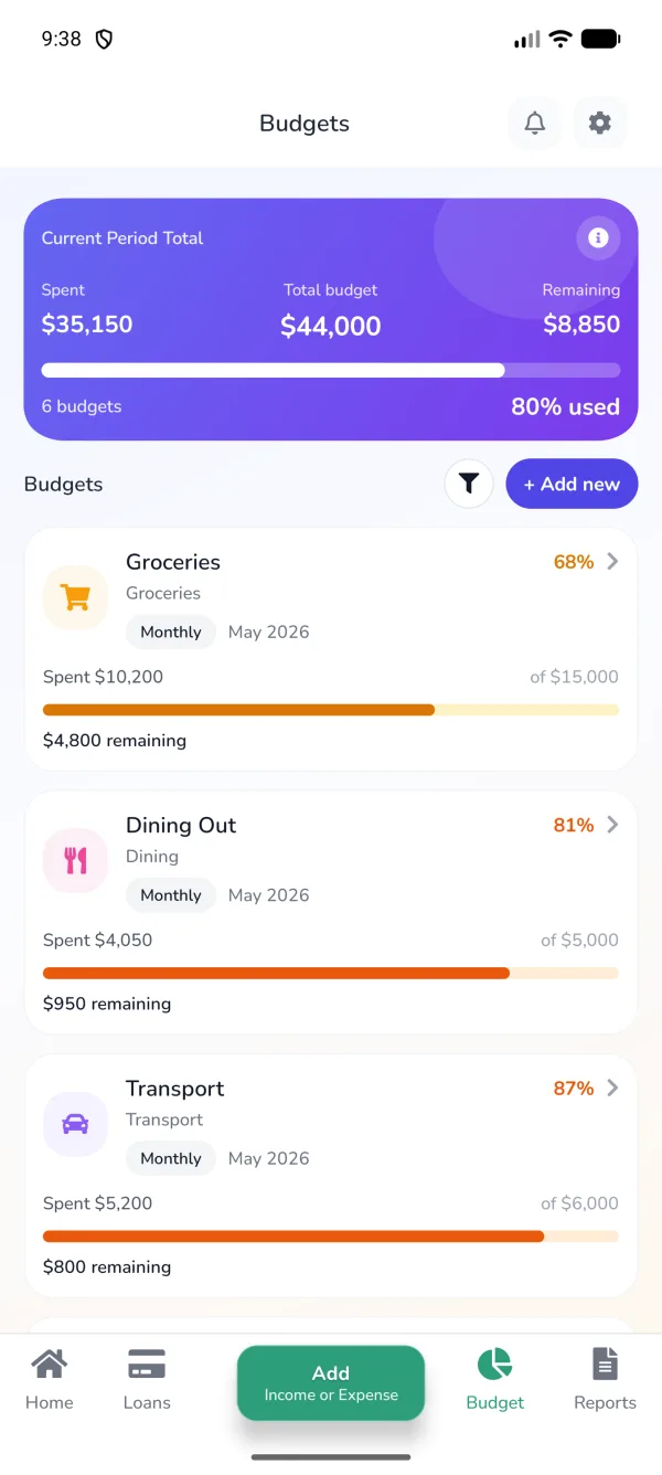 Budget screen with category progress bars