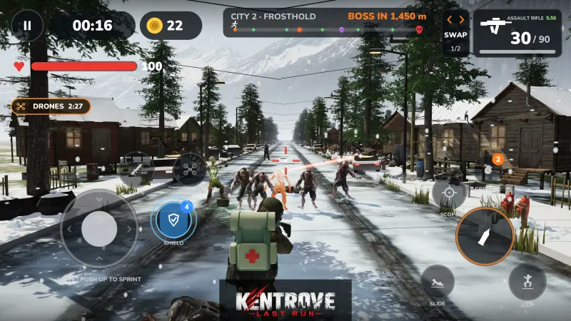 Gameplay: support drones fly ahead of the survivor in Frosthold with a drone timer on screen