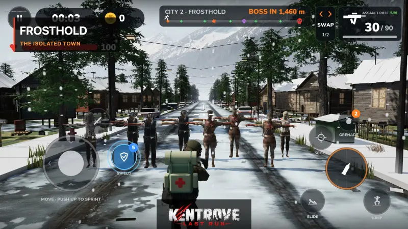 Gameplay: walkers approach through falling snow between timber houses in Frosthold