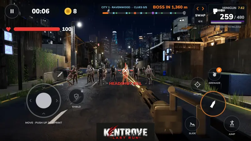 Gameplay: the minigun cuts through a pack of zombies on a dark Ravenwood street