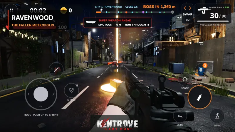 Gameplay: the survivor runs a rain-soaked Ravenwood street at night, rifle raised, with the boss distance and clue counter at the top of the screen