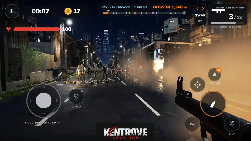 Gameplay: a rocket explodes in the middle of a zombie crowd