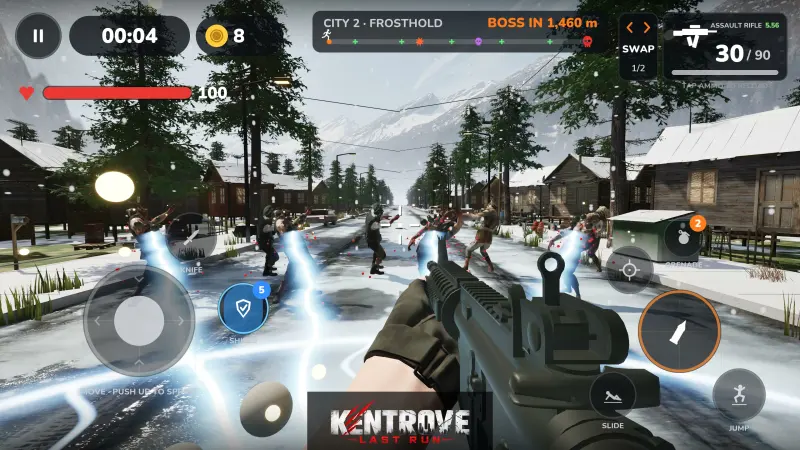 Gameplay: the electric shield sends lightning into a group of walkers in the snow